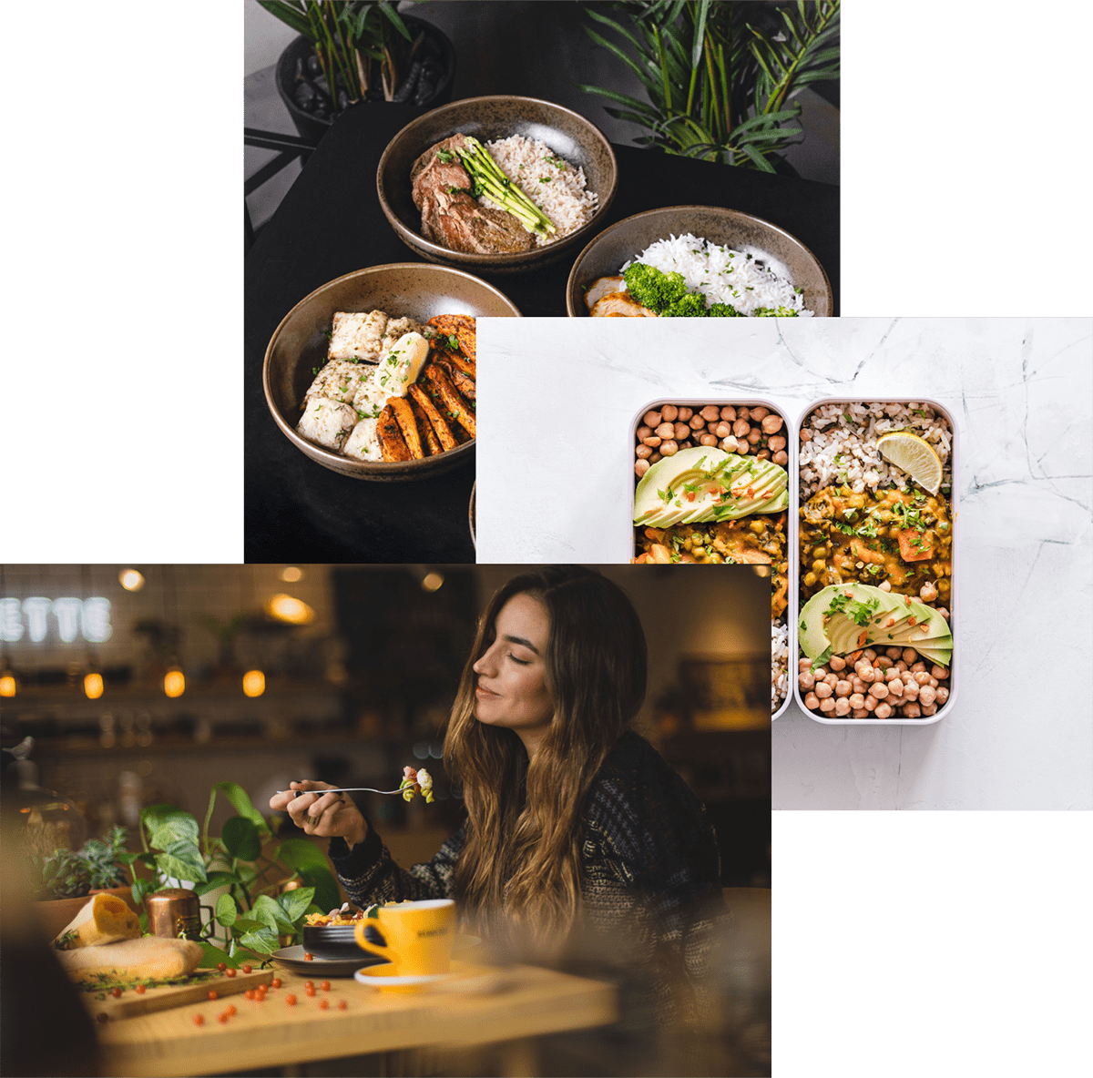Woman enjoying food image, meals in storage containter, and food bowls on a table